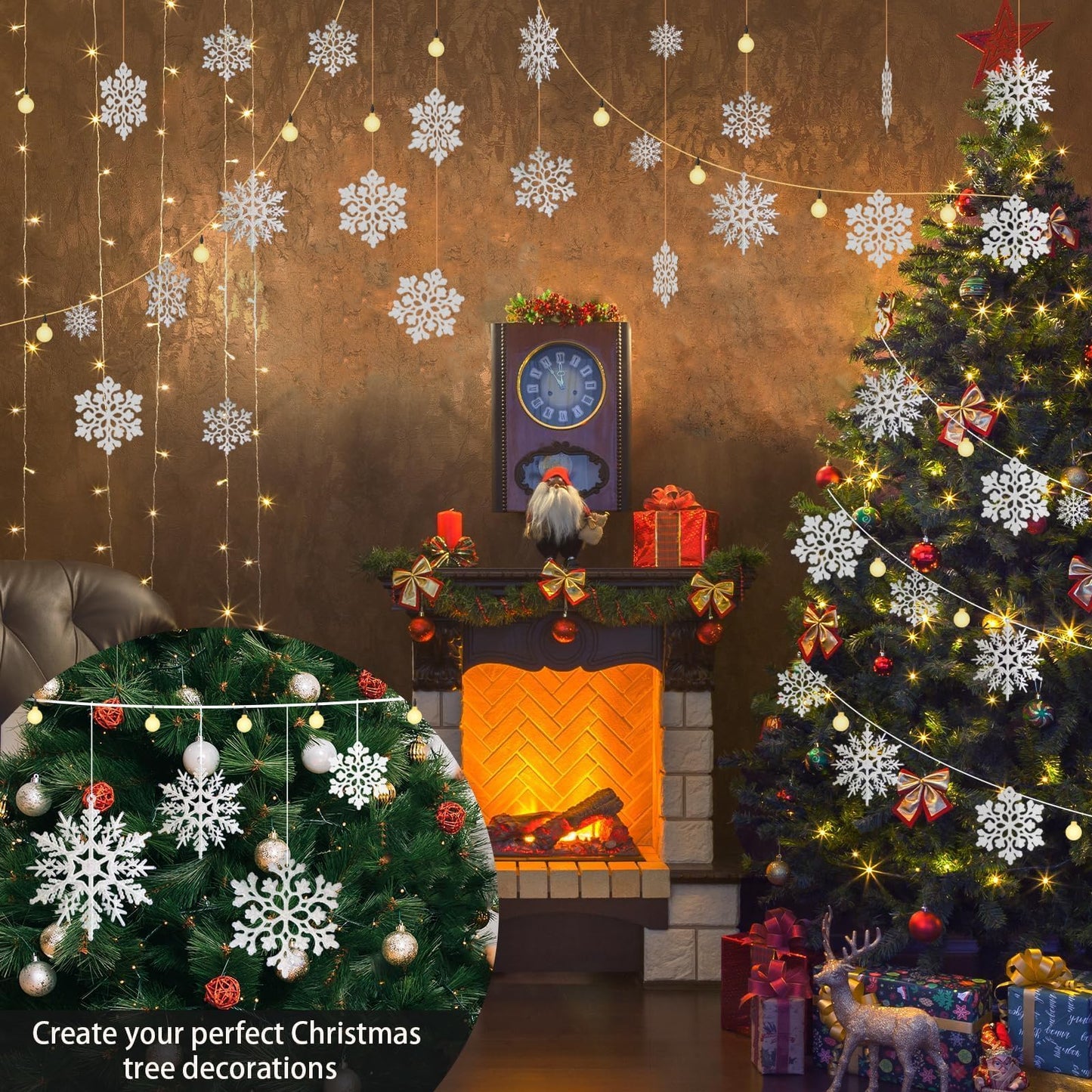 36pcs Snowflakes-Christmas Tree Decorations, Snowflake Ornaments for Tree, Plastic Glitter White Snow Flakes Ornaments, Christmas Indoor Winter Wonderland Decor