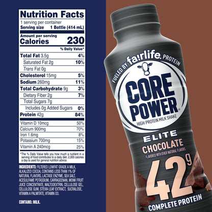 Core Power Elite High Protein Shake, Chocolate, 42g Bottle, 14oz, 12 Pack