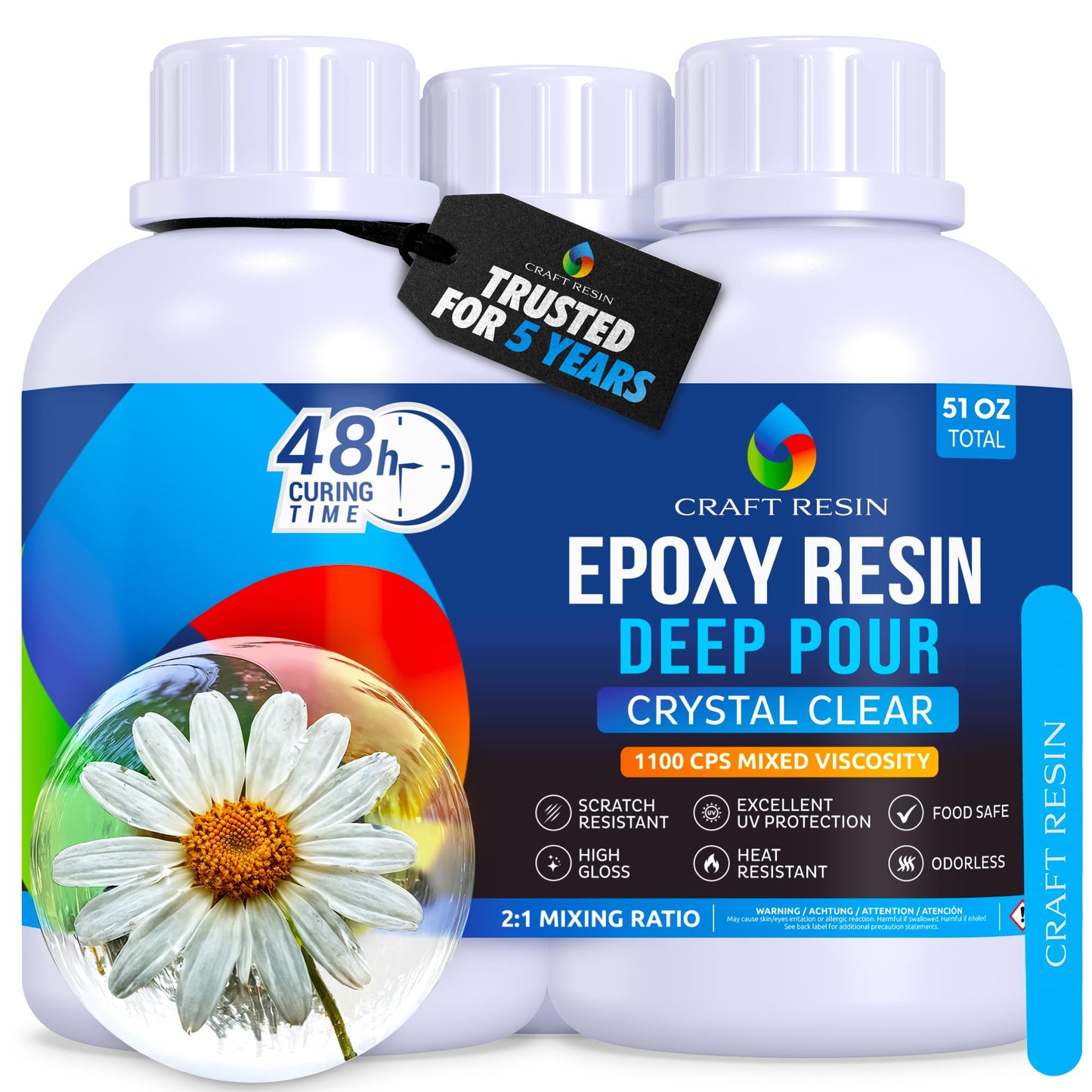 CRAFT RESIN 51 Oz Crystal Clear Deep Pour Epoxy Resin Kit - Food Safe & UV Resistant Best for DIY, Art, River Table, Wood, Flower, Mold Casting Resin Epoxy Kit - for Beginners & Pros