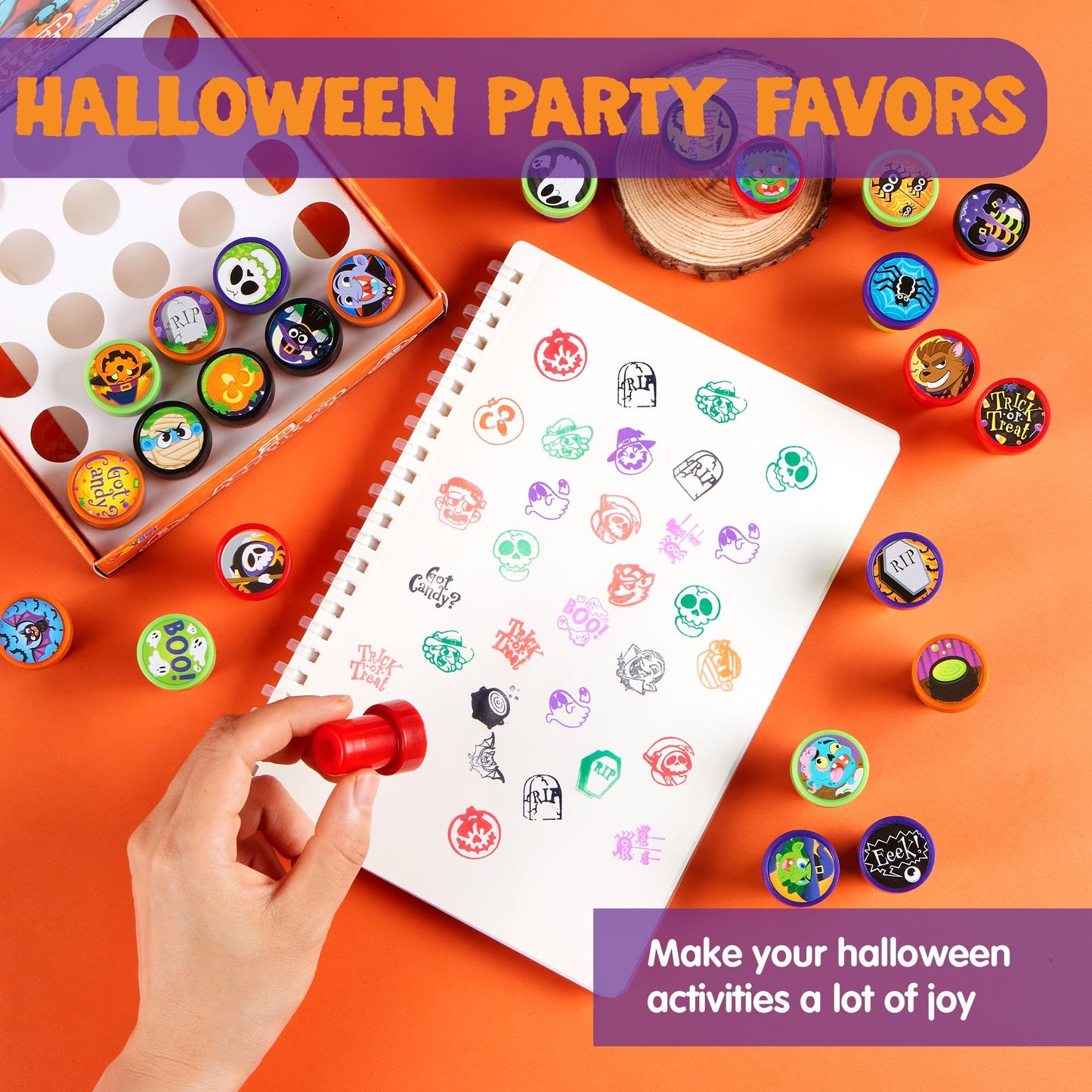 JOYIN 100 Pcs Halloween Stampers for Kids Gift, 25 Designs Assorted Plastic Stamps Bulk for Halloween Party Favors Goodie Bag Fillers, Teacher Student Stamps for Classroom Game Prizes