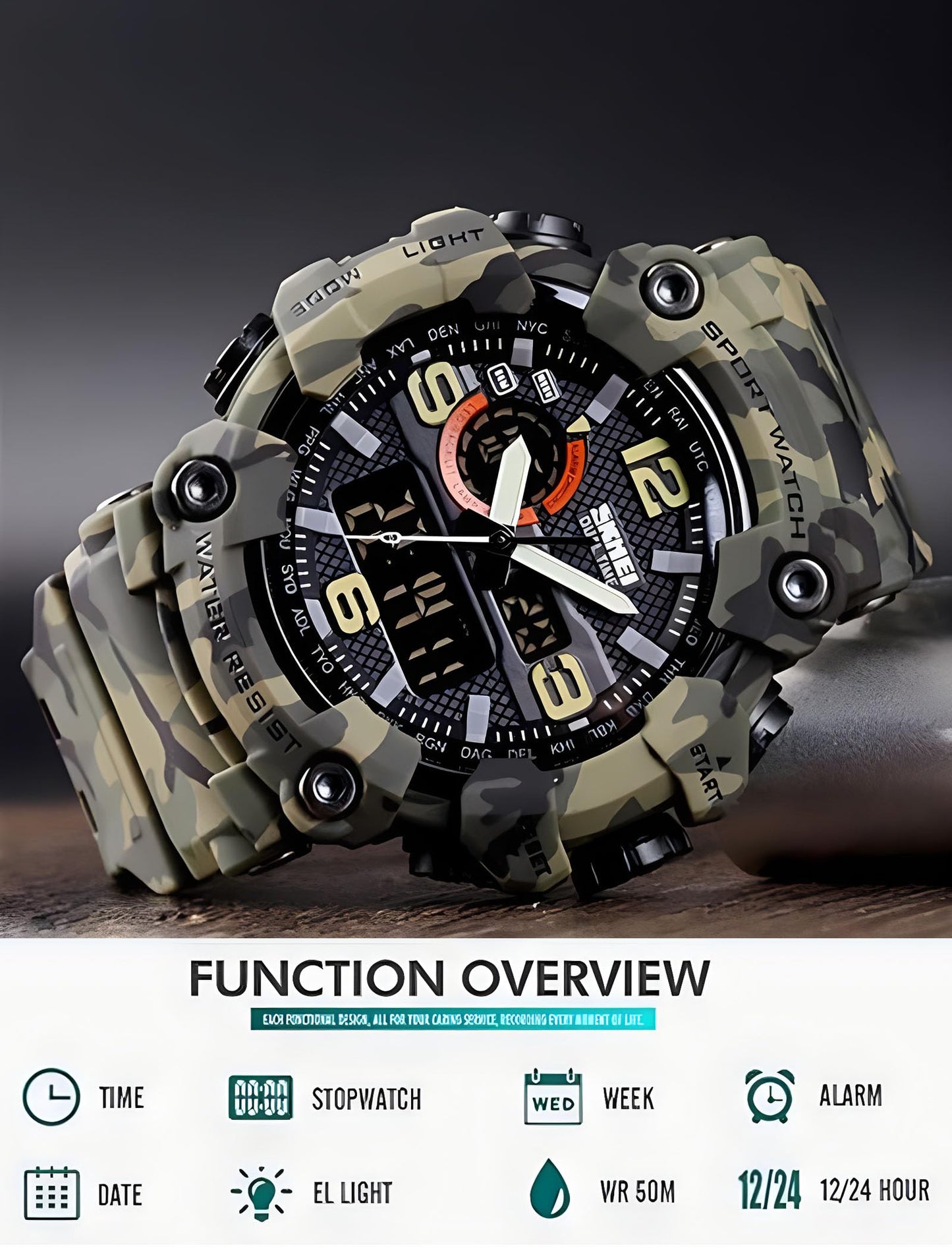 Gosasa Men's Large Face Outdoor Sports Watches Military S-Shock Watch Waterproof, Backlight, Alarm, Stopwatch Features - Rugged Wristwatch for Training, Hiking, and Adventure