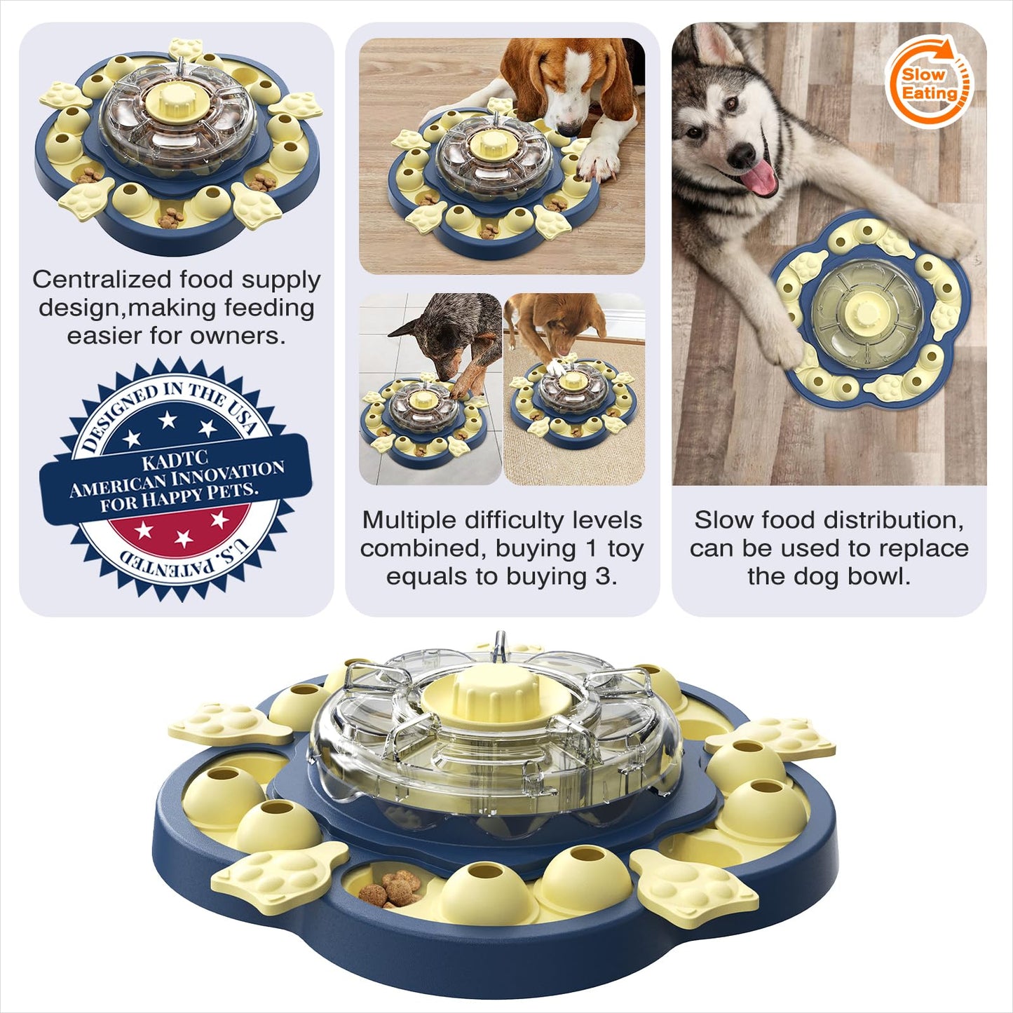 KADTC Dog Spinning Puzzle Toy Level 3 in 1 Treat Dispenser Kibble Dispensing Toys for Small/Medium/Large Dogs Slow Food Puzzles Feeder Puppy Brain Mental Stimulation Interactive Enrichment Mind Game
