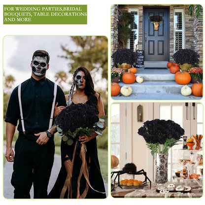 Hananona 50 Pcs Artificial Roses in Bulk, Fake Velvet Silk Roses Realistic Black Roses for Wedding Centerpieces Flower Arrangement Home Decor (50, Black)