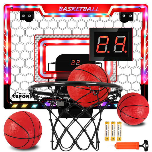 Jugana Mini Basketball Hoop Indoor with Scorer and Batteries, Indoor Basketball Hoop Over The Door with Colorful LED Lighting, Toy Basketball Set for Boys Girls Age 3 4 5 6 7 8