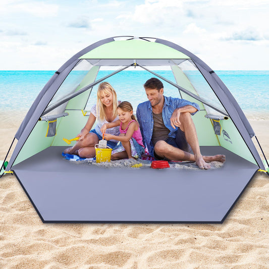 Happy Travel Beach Tent Sun Shelter for 3/4/5/6/7/8 Person, Portable UPF 50+ UV Protection Beach Shade Canopy for Family & Baby, Lightweight & Easy Setup Beach Cabana with 3 Ventilation Mesh Windows
