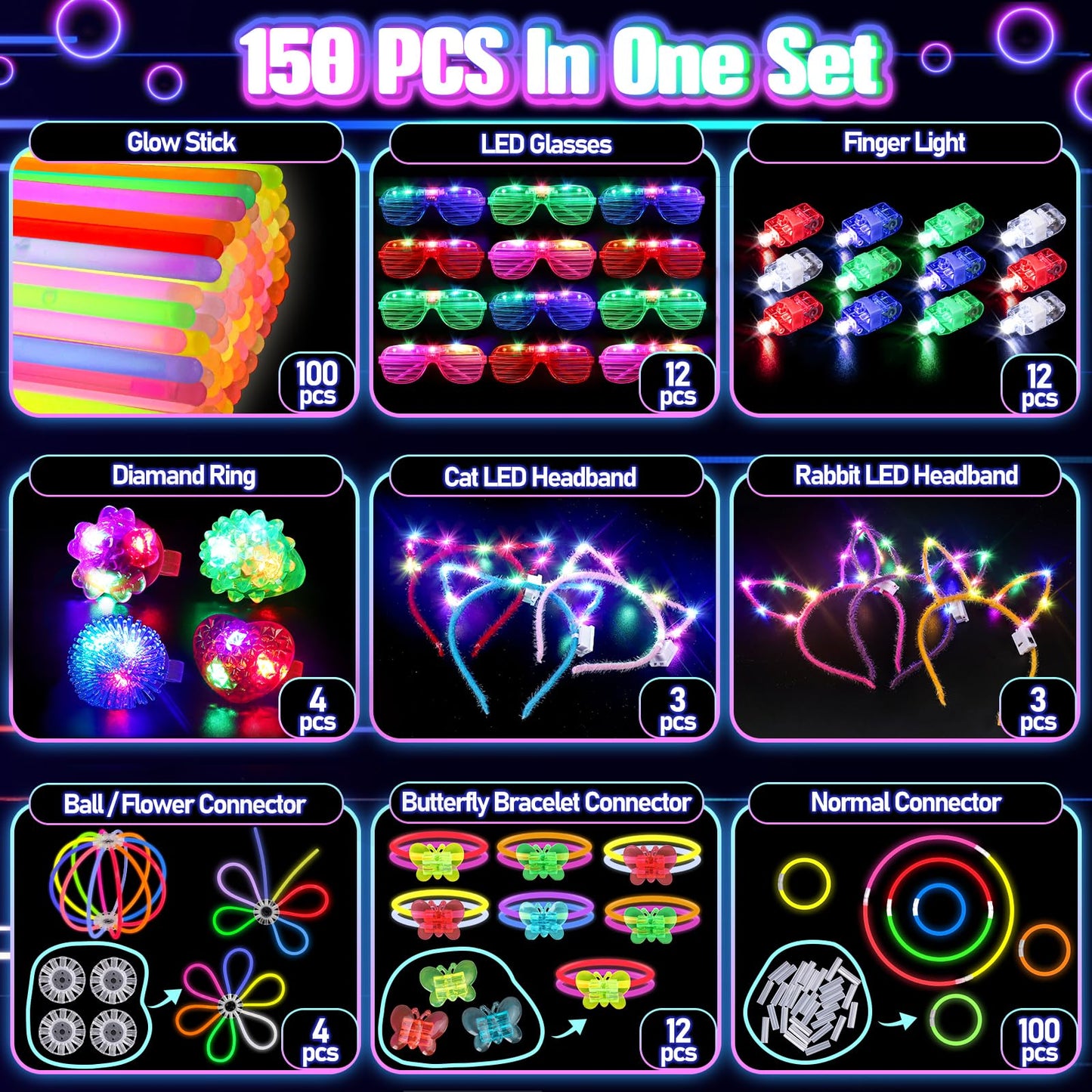 150PCS Glow in the Dark Party Supplies for Kids Adults, Light Up Party Favors with Light Up Glasses, Headband, Rings, 100 Glow Sticks Bulk Party Pack DIY Glow Necklaces Bracelets, Neon Party Supplies