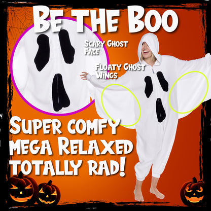FUNZIEZ! Ghost Costume Pajamas - One Piece Jumpsuit For Adults (White, Medium)