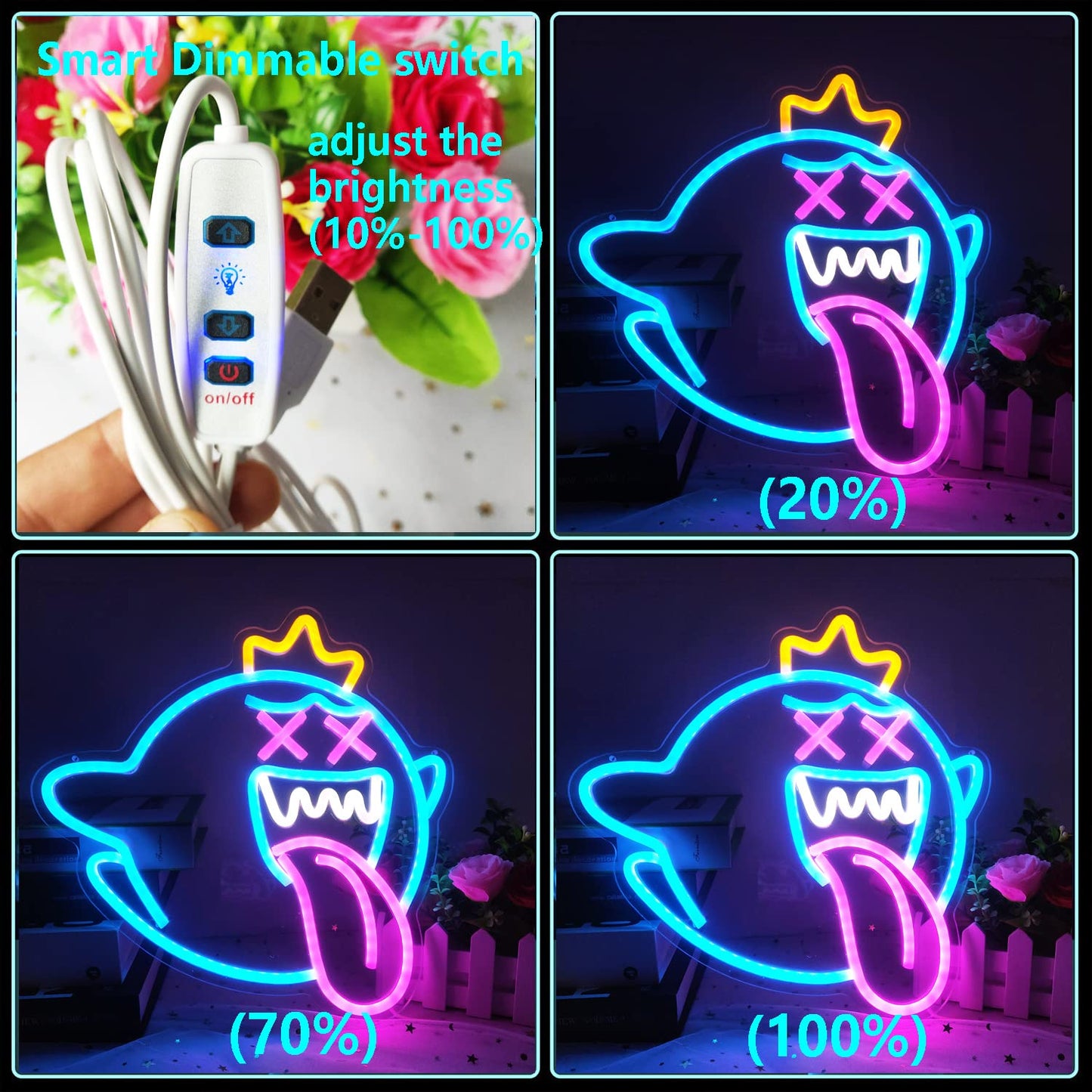King Boo Neon Sign Ghost Led Neon Light with Dimmable Switch Gaming Neon Sign for Kids Game Room Man Cave Birthday Halloween Decor Christmas Gift