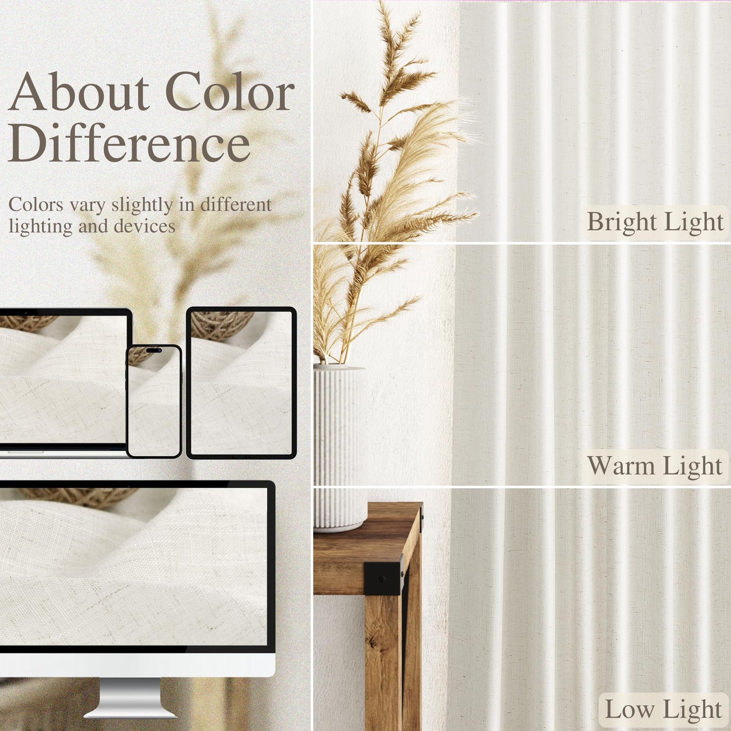 Cream Linen Back Tab Curtains 84 Inch Length for Living Room 2 Panel Set Neutral Modern Farmhouse Window Privacy Semi Sheer Linen Drapes Rustic Pinch Pleated Look Curtain Natural Ivory Colored