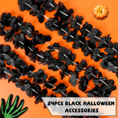 24pcs Halloween Leis Decor, Halloween Black Leis Bulk Accessories Silk Flower Necklace, Black Hawaiian Bulk Hula Dance Party Decor, Flower Leis Trick or Treating Activities Favors Supplies