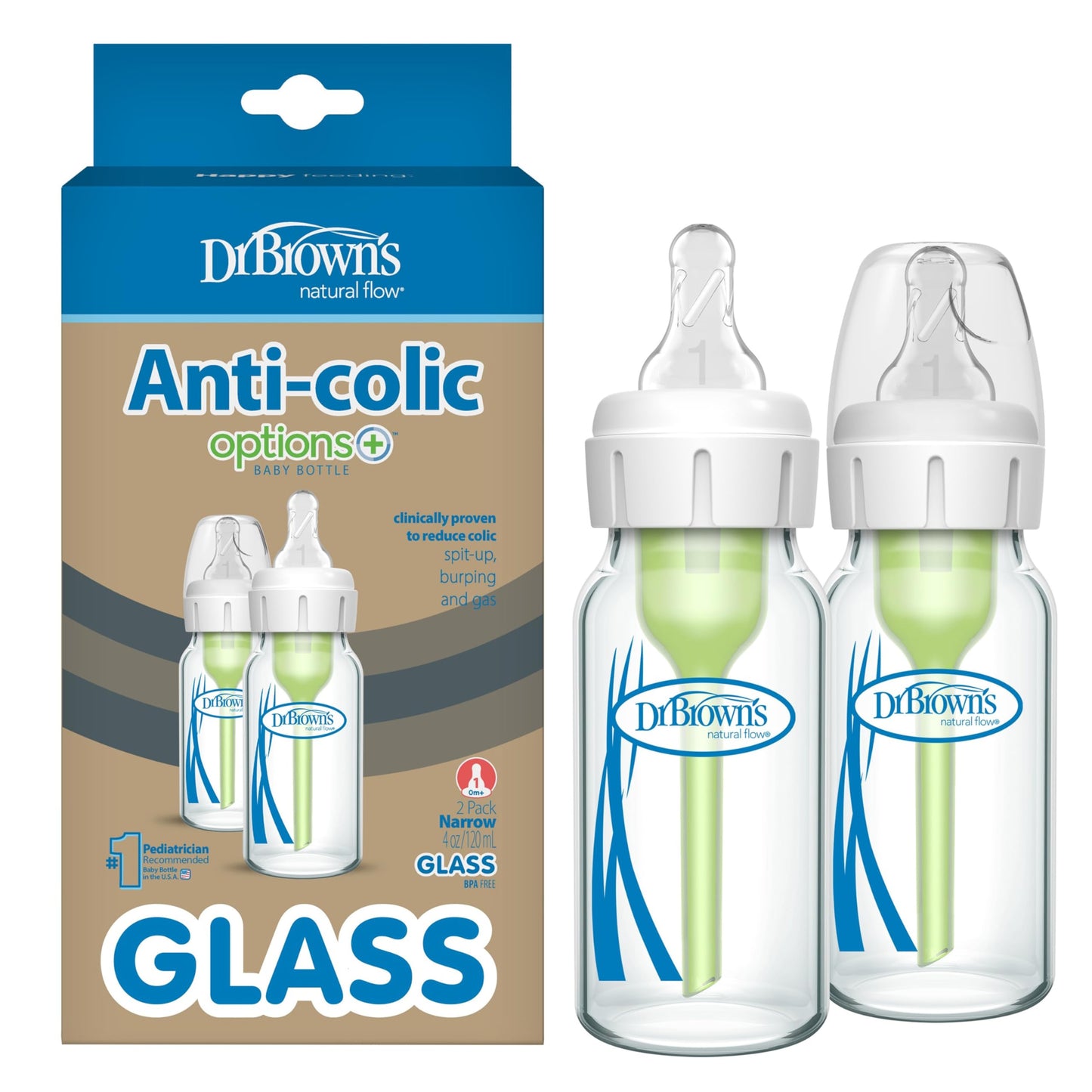 Dr. Brown's Anti-Colic Options+ Narrow Glass Baby Bottle with Level 1 Slow Flow Nipple, BPA-Free, 4 oz/120mL, 2-Pack