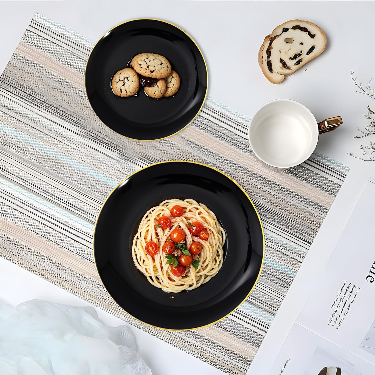 KIRE 100PCS Black and Gold Plates - Black Plastic Plates Disposable with Gold Rim for Halloween Party/Wedding/Birthday Include 50Pcs 10.25inch for Dinner and 50Pcs 7.5inch for Dessert/Salad