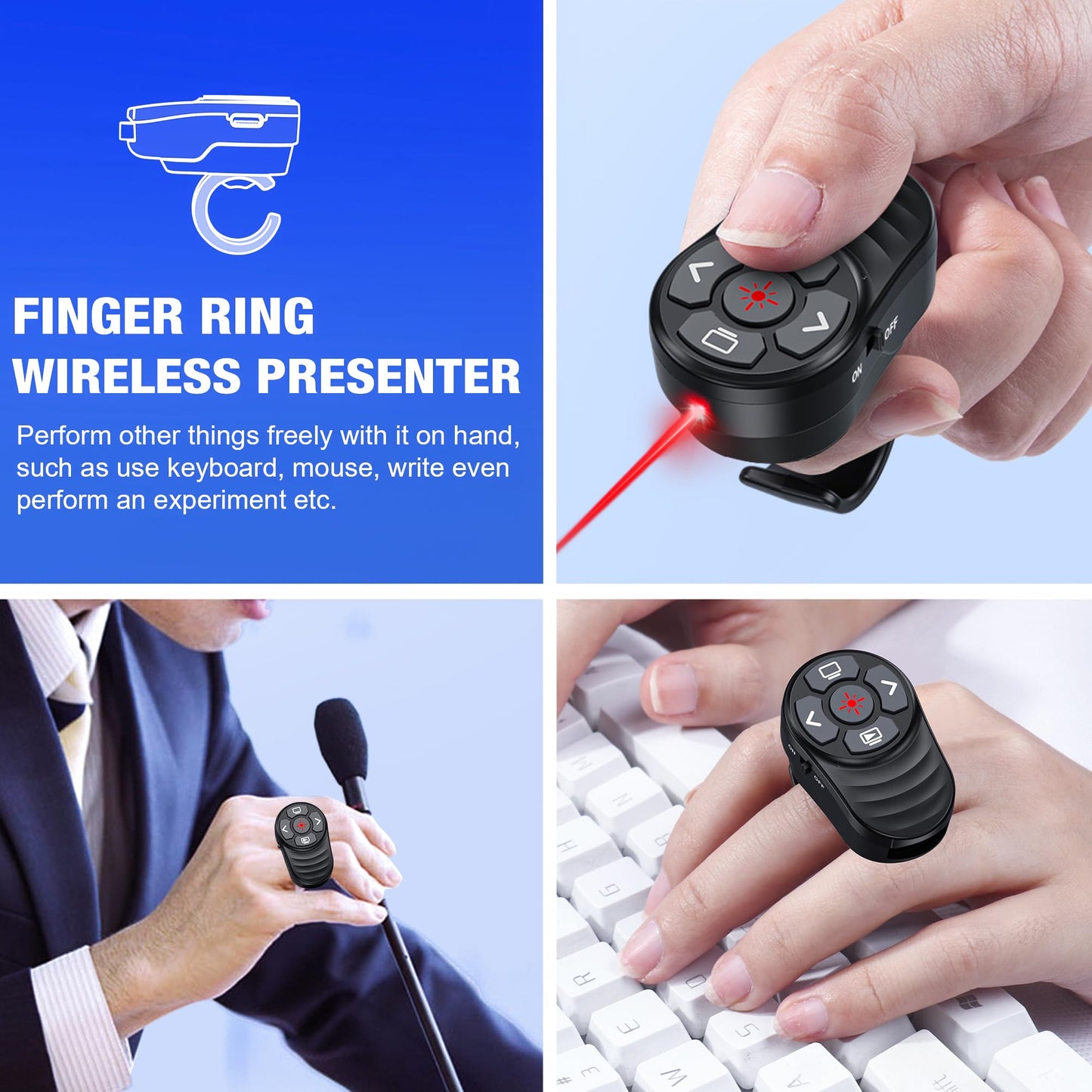 Dinofire USB Type C Wireless Presenter Remote Presentation Laser Pointer Finger Ring PowerPoint Clicker-Slide Advancer for Mac Laptop Class Office