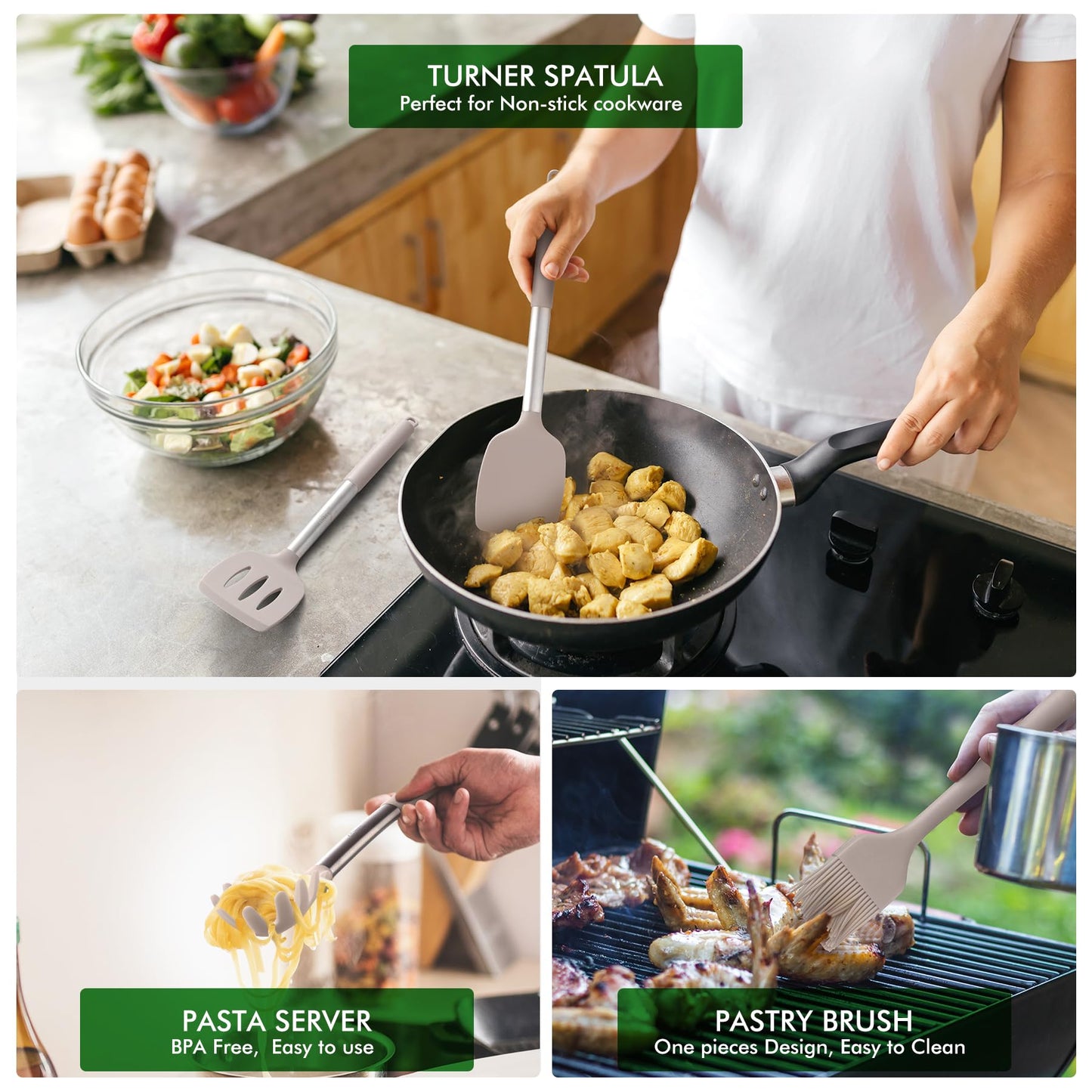 HOTEC 446°F Heat Resistant Silicone Kitchen Utensils, Cooking Utensil Set, Spatula Set, BPA Free, Kitchen Gadgets, With Stainless Steel Utensils Holder, Dishwasher Safe 14pcs Khaki