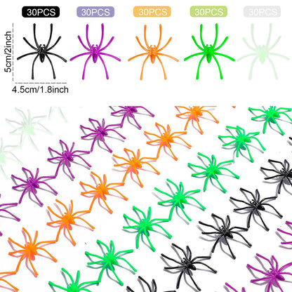 150PCS Plastic Spiders Halloween Small Plastic Spiders Fake Spiders Realistic Spider Toys Prank Props for Home and Party Decor, 2 x 1.8 Inches, Black, Green, Orange, Purple, Glow in The Dark Spiders