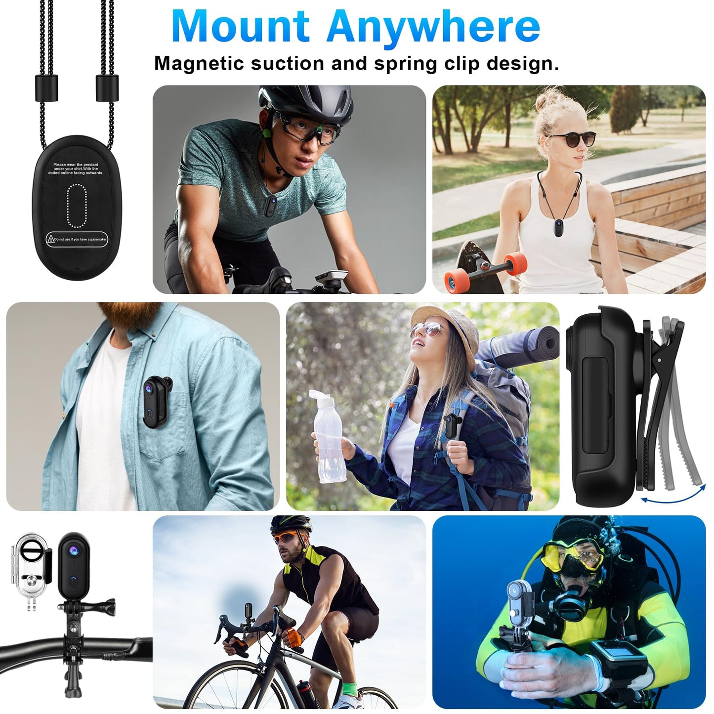 i3 4K Thumb Action Camera, Tiny Size, Mount Anywhere, Small Body Camera with Spring Clip, Portable Vlogging, Hands-Free POV Recording, Helmet Cam for Cycling, Motorcycle (64G-Card, Black)