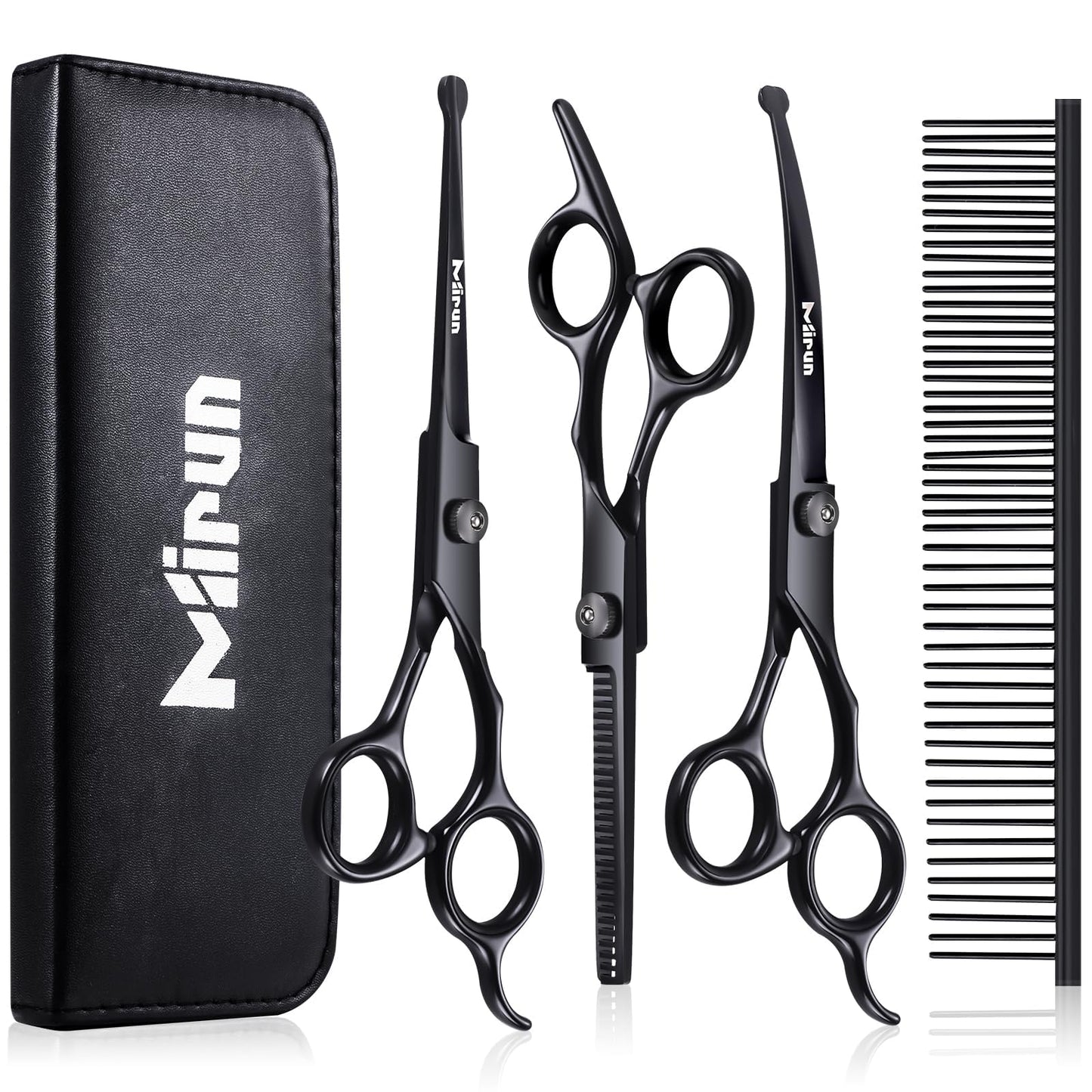 Dog Grooming Kit, 5-in-1 Titanium-plated Stainless Steel Dog Grooming Scissors, Dog Scissors for Grooming with Safety Round Tip, Dog Shears for Grooming & Cats, Sharp & Durable Cat Grooming Kit