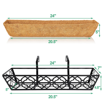 LAWYAMAI 2pcs 24 Inch Window Deck with Coco Liner, 24" Window Boxes Horse Trough with Coconut Coir Liner, Metal Hanging Flower Planter Window Basket Deck Railing Planter Boxes for Outdoor Indoor Lawn