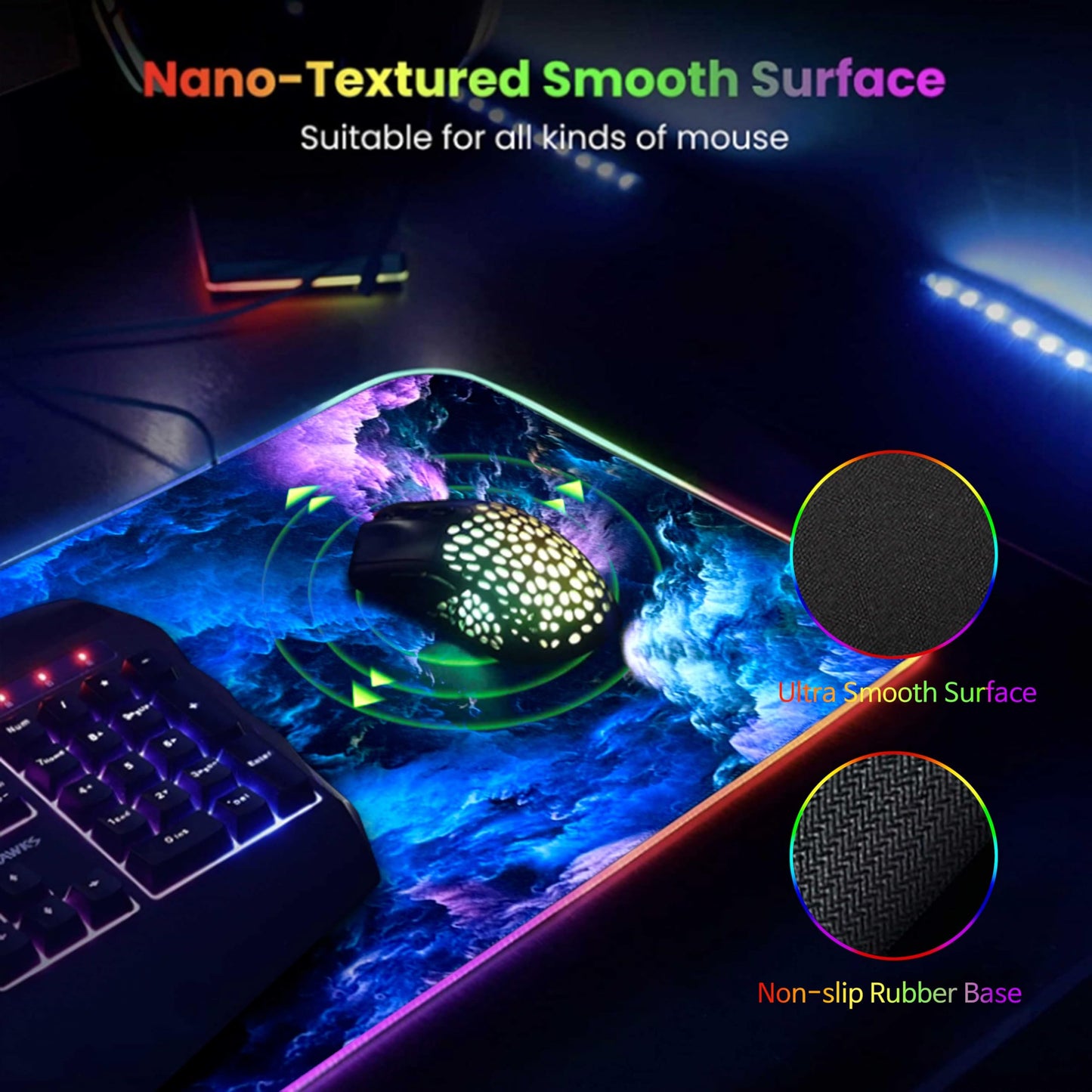Gerlos RGB Large Gaming Mouse Pad, Extended Soft LED Mouse Pad, Non-Slip Rubber Base, Water Resist Keyboard Pad, Computer Mousepad 31.5×11.8 inches
