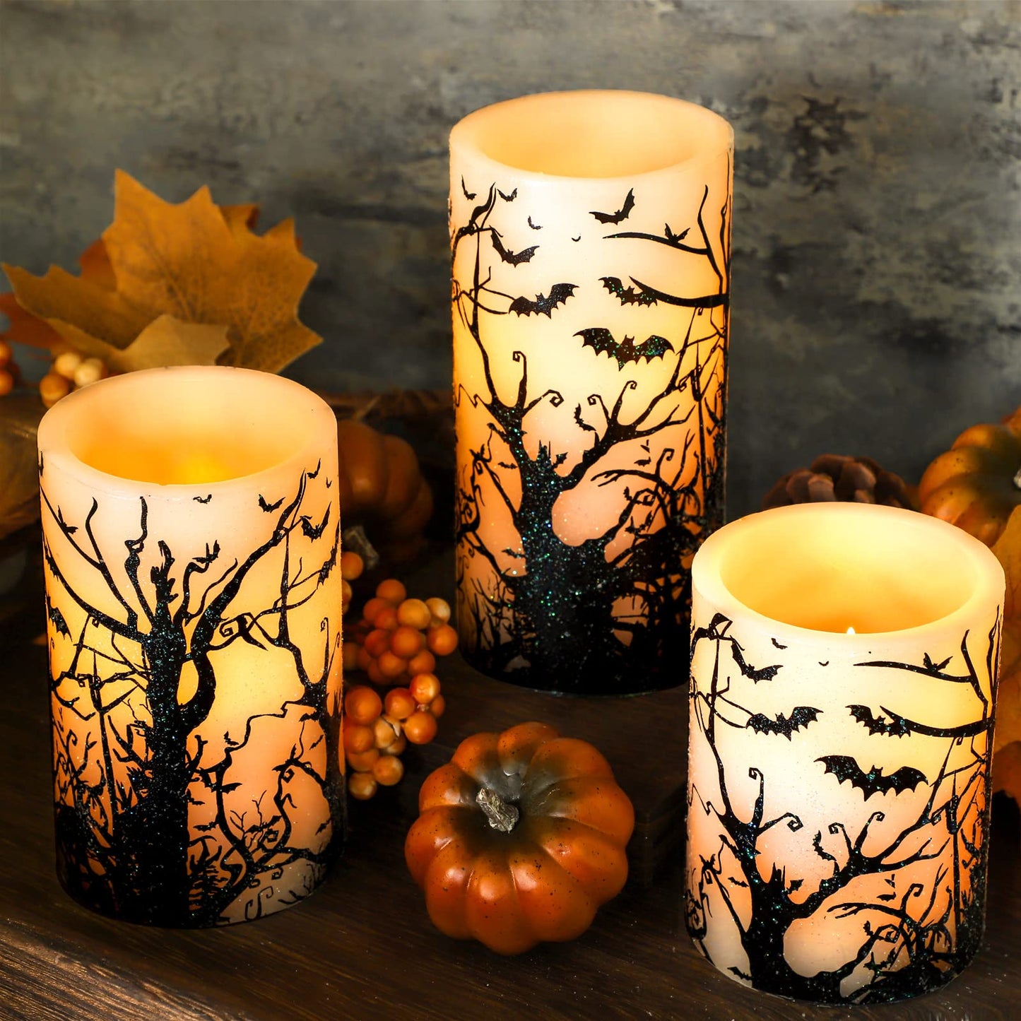FLAVCHARM Halloween Decor Flameless Candles Set of 3 Black Spooky Bats Decal Flickering Candles Battery Operated with Remote Real Wax LED Pillar Candles for Halloween Party Horrible Theme Decor