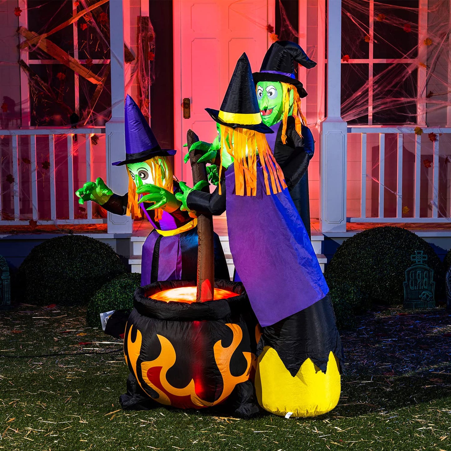 Joiedomi 6 FT Tall Halloween Inflatables Three Witch Around Cauldron with Flame Light Yard Outdoor Decoration Blow Up with Build-in LEDs for Halloween Party Indoor, Outdoor Inflatables Decorations