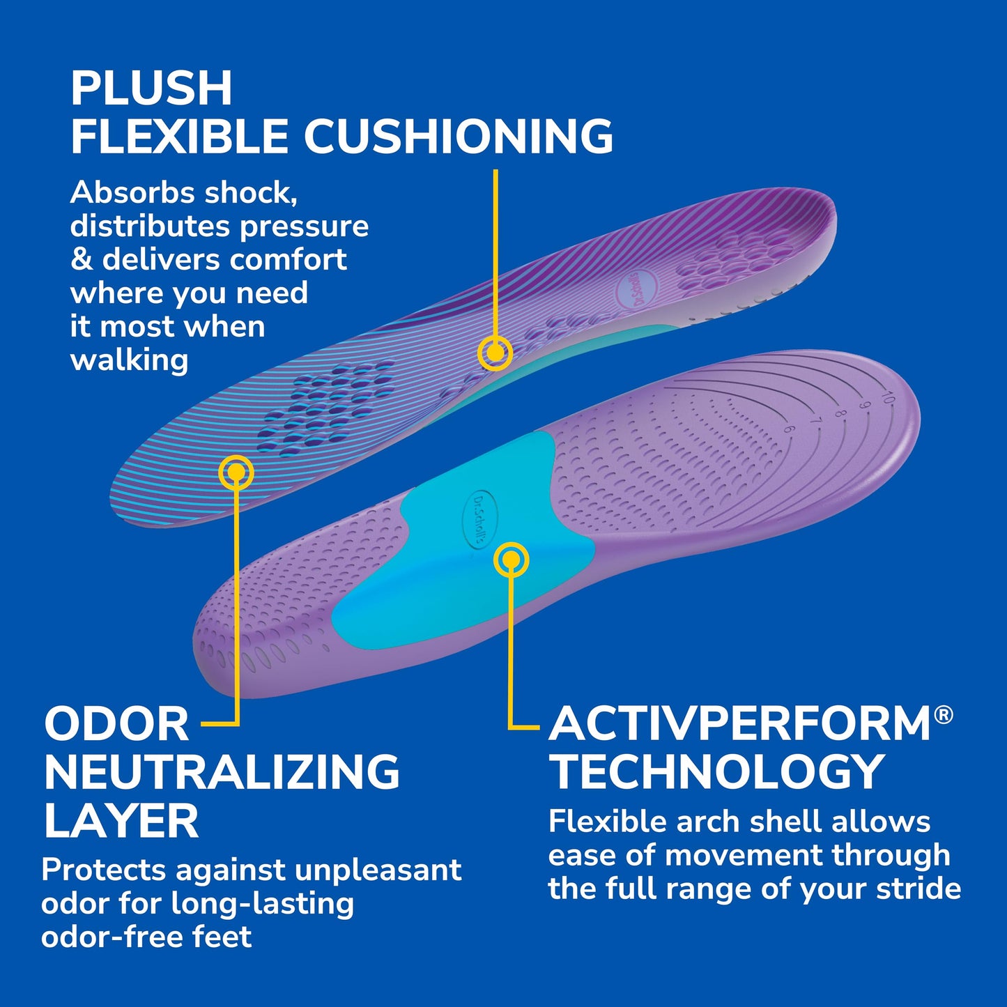 Dr. Scholl's Walk Longer Insoles for Women - Comfortable Plush Foam Cushioning Inserts for Walking, Hiking, and Standing on Feet All-Day with Arch Support - Walk 50% Longer Without Muscle Fatigue