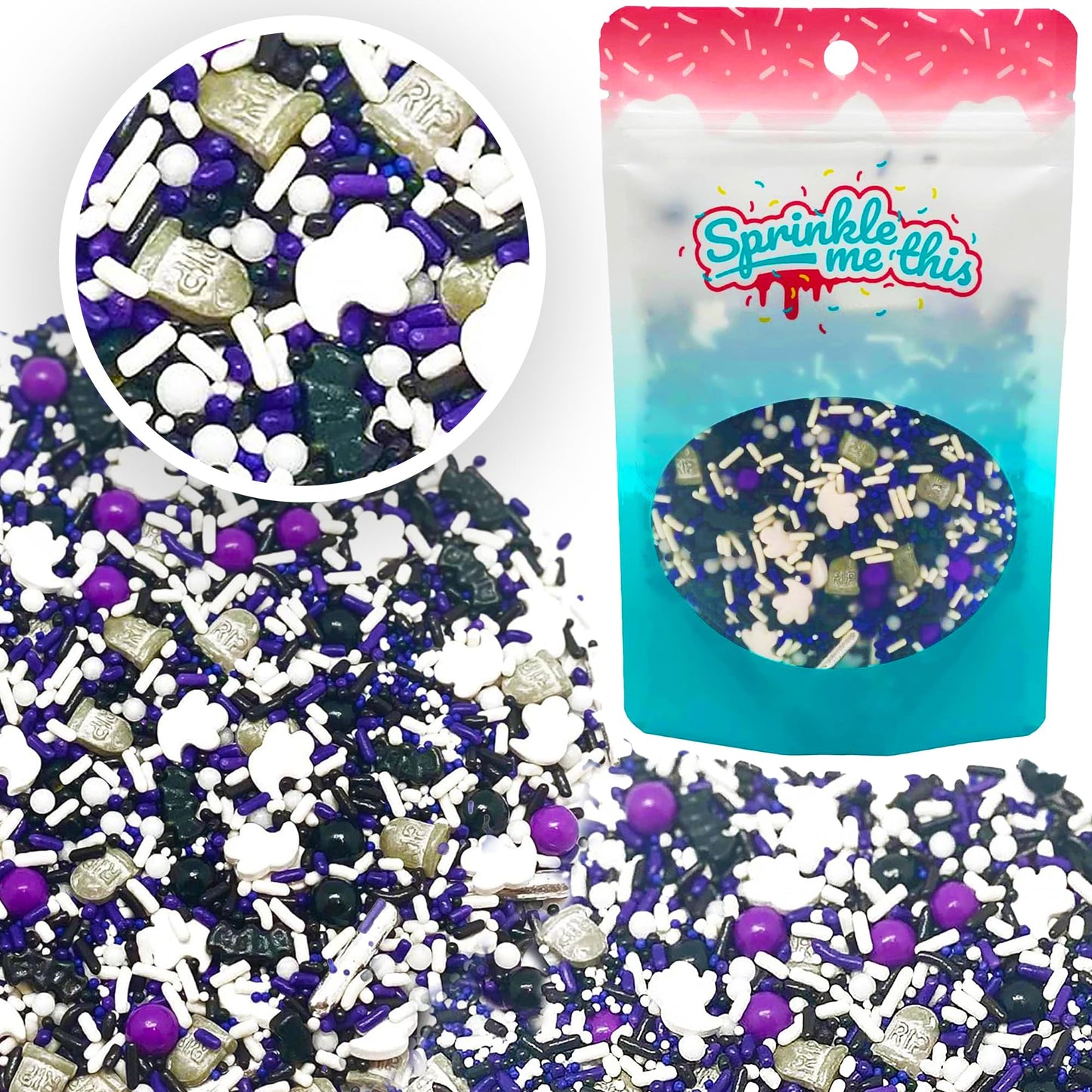Delicious & Deadly Graveyard Smash-RIP black Violet Purple White Silver Haunted Mansion Halloween Fall Colorful Candy Sprinkles Mix Baking Edible Cake Cupcake Cookie Decorations - 8 OZ