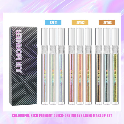 JUR MORNIER Multichrome Liquid Eyeshadow Set,3 Colors Multi-Dimensional Fairy Makeup,High Pigment Waterproof Aurora Eye Shadow,Ultre Fine Tip Glitter Eyeliner (01 Aurora+02 Twilight+03 Moonbow)