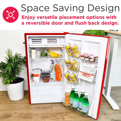 Frigidaire Retro Compact Fridge with Chiller, 3.2 cu ft Countertop Fridge with Built-In Bottle Opener, Compact Refrigerator for Office, Bedroom, Dorm Room or Cabin - 16.5" D x 19" W x 31" H (Red)