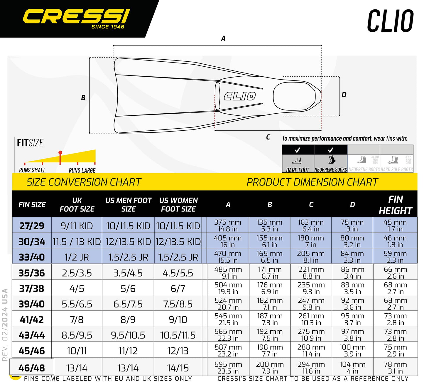 Cressi Clio Full Foot Pocket Fins, Yellow, 33/34