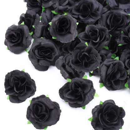 Kesoto 50pcs Black Roses Artificial Flowers Bulk, 1.6 Inch Small Silk Fake Roses Flower Heads for Decoration, Crafts, Wedding Halloween Party Home Decor
