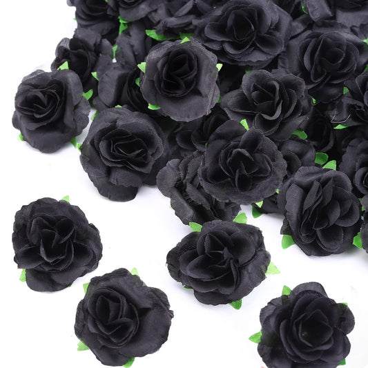 Kesoto 50pcs Black Roses Artificial Flowers Bulk, 1.6 Inch Small Silk Fake Roses Flower Heads for Decoration, Crafts, Wedding Halloween Party Home Decor