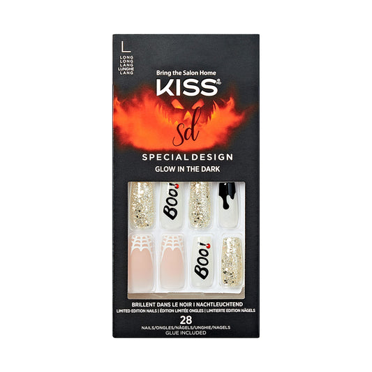 KISS Special Design Halloween Fake Nails, Glow-In-The-Dark, Style ‘Party Till I Die’, with Pink Gel Nail Glue, Mini Nail File, Manicure Stick, & 28 False Nails