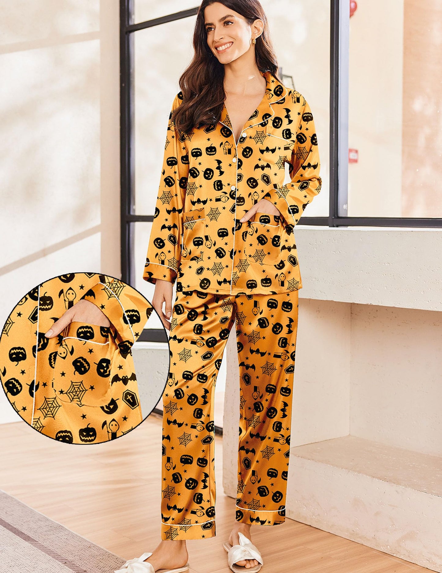 Ekouaer Silk Pajamas for Women Classic Button Down Satin Pajama Sets Long Sleeve Lounge Set