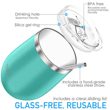 THILY Stainless Steel Stemless Wine Glasses 12 oz Vacuum Insulated Wine Tumbler with Lid and Straw, Reusable, Keep Cold & Hot for Drinks, Coffee, Cocktails, 2 Pack(Teal + Marble)