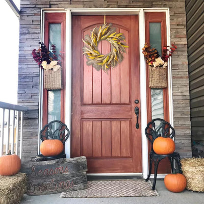 Fall Wreath 22-24inch Autumn Door Wreath with Yellow Leaves, Light Brown Reeds,Beige Wheat Ears for Farmhouse Indoor Outdoor Window Wall Thanksgiving Decor