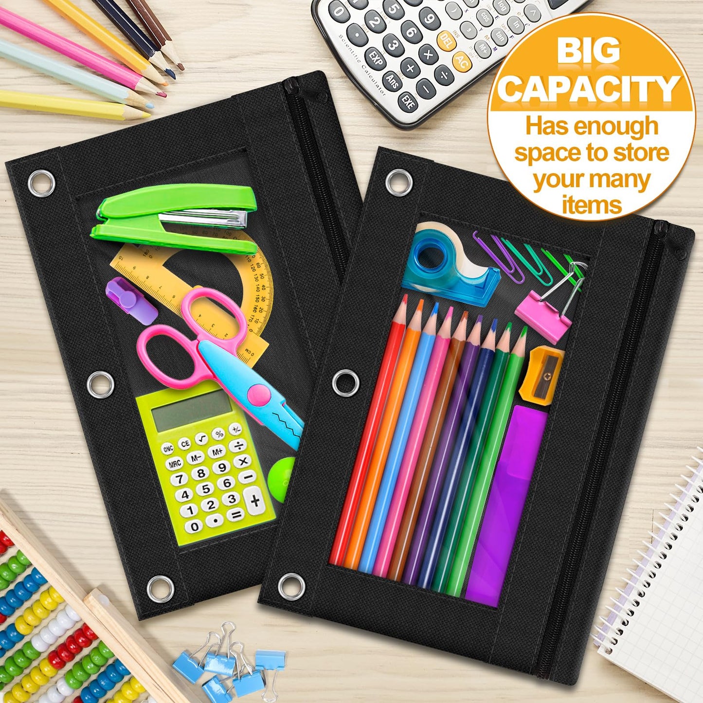 3-Ring Pencil Pouch, 2 Pack Black Bulk Pencil Case, Pencil Bags with Zipper for Office Supplies Cosmetics, with Zipper & Reinforced Grommets Fabric Large Pencil Case for 3 Hole Binder