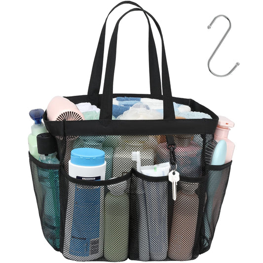 F-color Mesh Shower Caddy Portable, 8.3" Deeper Pockets Large Shower Caddy Bathroom Caddy for College Dorm Room Bathroom Essentials, 2 Handles Shower Bag Tote for Gym Rv, Camp with S Hook, Black
