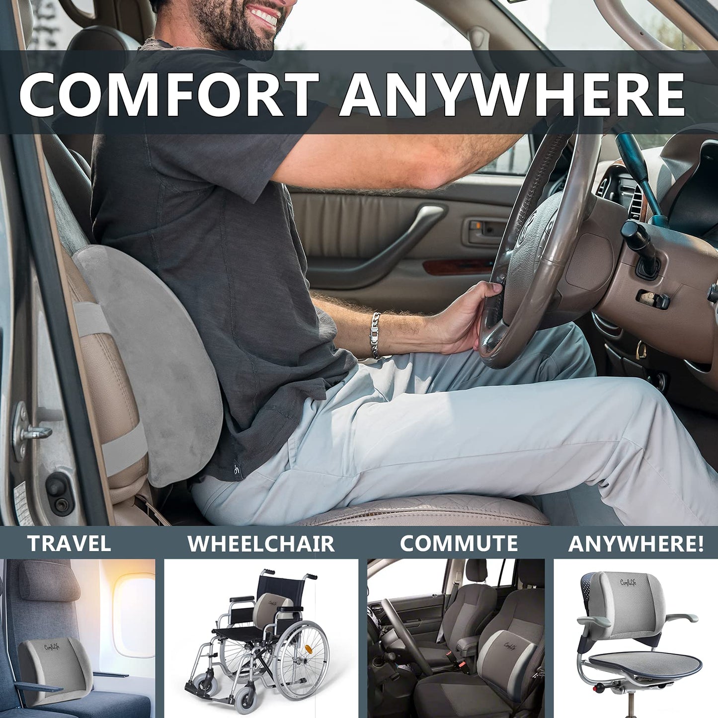 ComfiLife Lumbar Support Back Pillow Office Chair and Car Seat Cushion - Memory Foam with Adjustable Strap and Breathable 3D Mesh (Gray)