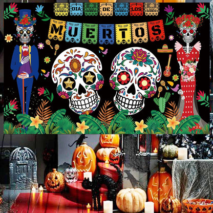 Famoby Day of The Dead Backdrop Dia DE Los Muertos Extra Large Fabric Banner for Halloween Party Mexican Fiesta Skull Photography Party Decoration