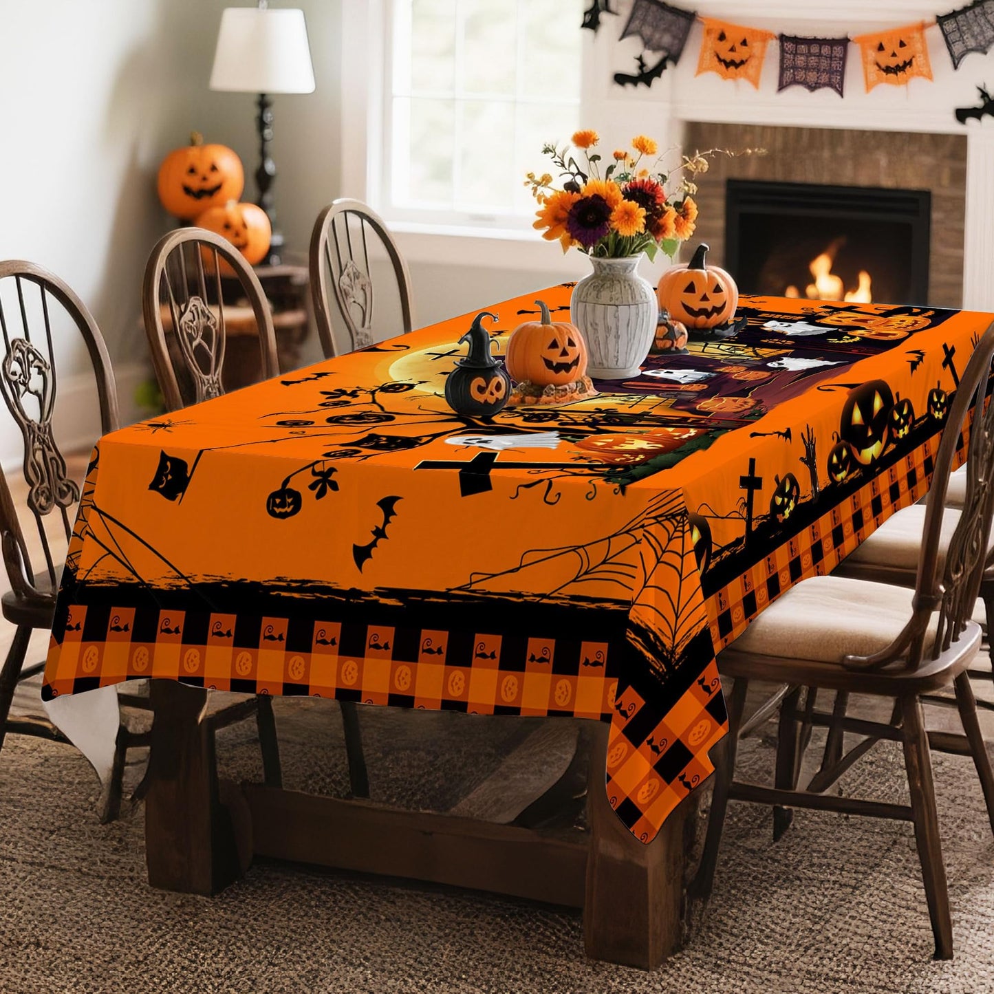 Hexagram Halloween Tablecloth Rectangle Pumpkin Tablecloths 60 x 84 inches Castle Ghost Table Cloth