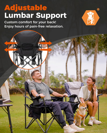 KingCamp Oversized Camping Folding Chair, Heavy Duty 450 LBS with Lumbar Support, Padded seat with Cup Holder&Cooler Bag, Ideal for Camp, Fishing, Sports Event, Backyard, Patio, Lawn (Black/Grey)
