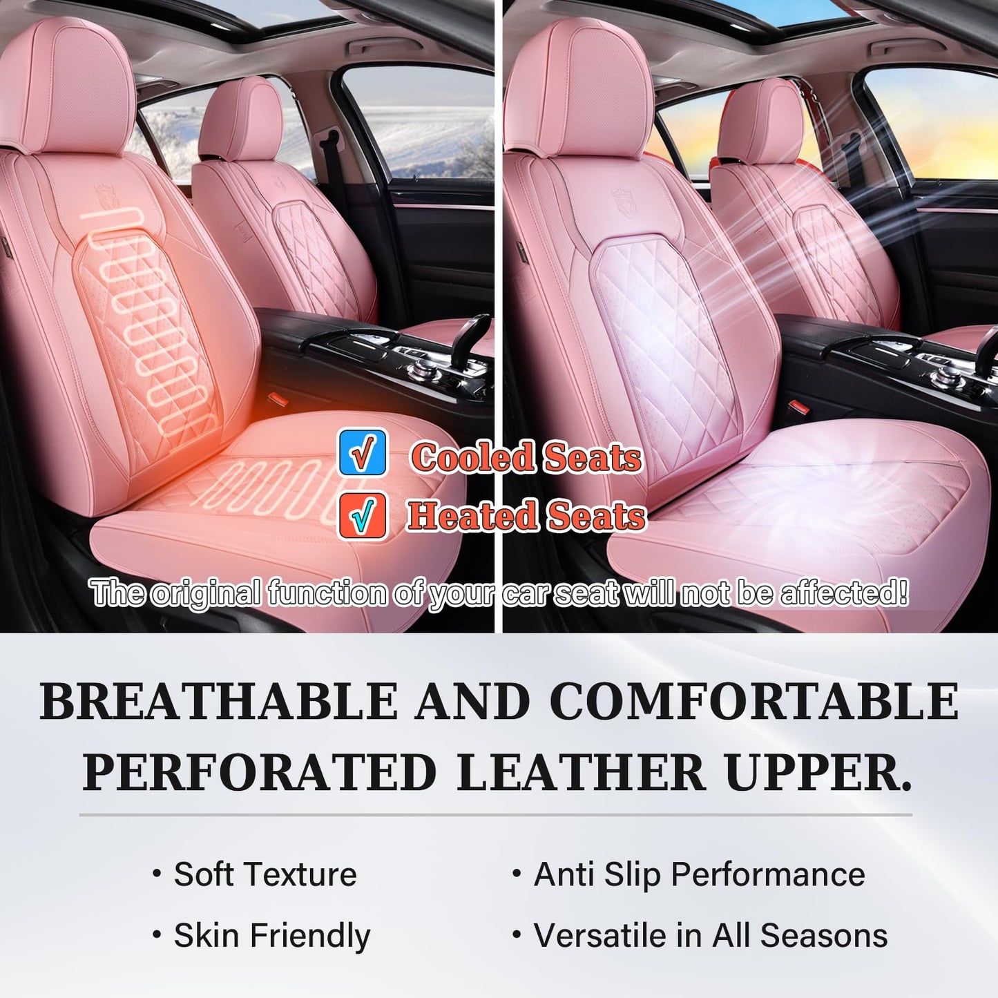 Coverado Car Seat Covers Full Set, Pink Leather Seat Covers for Cars, Universal Waterproof Car Seat Cover, Luxury Front and Back Car Seat Protector, Automotive Seat Covers Fit for Most Cars, Pink