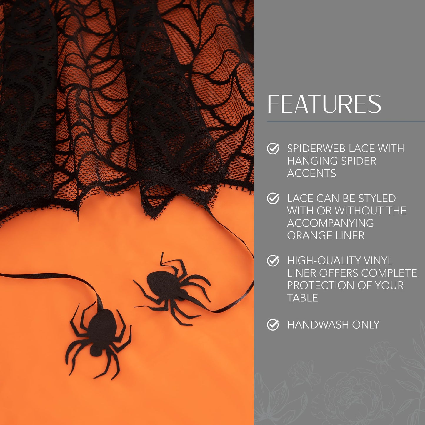 Elrene Home Fashions Crawling Spider Halloween Tablecloth Lace Lined with Removable Orange Plastic Liner, 70" Round, Orange & Black
