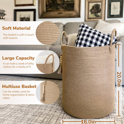 Goodpick Boho Jute Laundry Hamper Basket, Wicker Laundry Basket with Handles, Tall Baby Nursery Hamper, Large Woven Blanket Storage for Living Room, Bedroom, 16" x 20"
