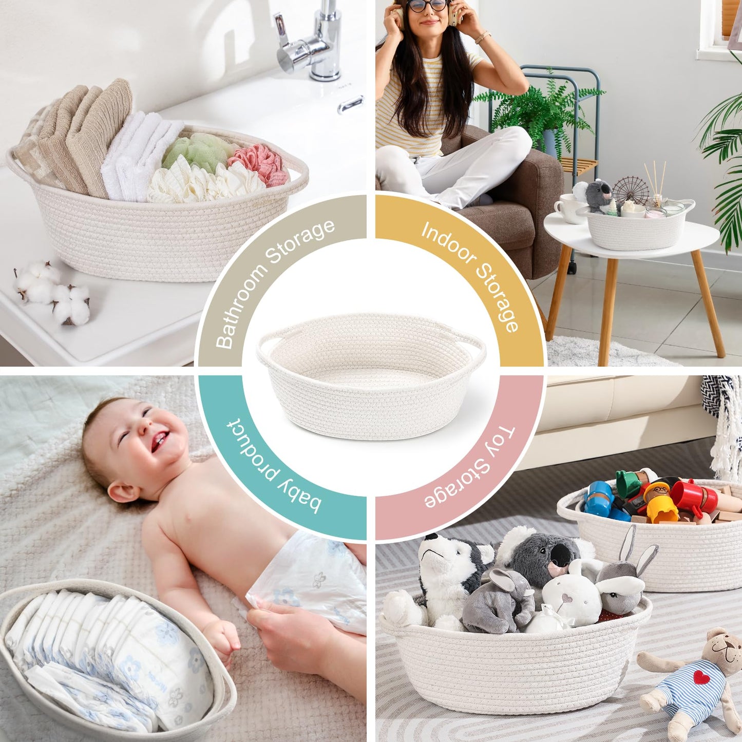 2 Pack Small Woven Basket with Gift Bags and Ribbons, Empty Decorative Gift Chest Box, Cute Baby Gift Basket for Nursery, Cotton Rope Room Shelf Storage Basket with Handles, All 12"x 8"x 5",White