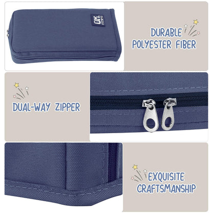 Housolution Standing Pencil Case Large Capacity Pen Bag, Multi-Layer Pen Pouch Pencil Holder Stationery Organizer, Polyester Pencil Bag Storage Box Desk Organizer, Blue