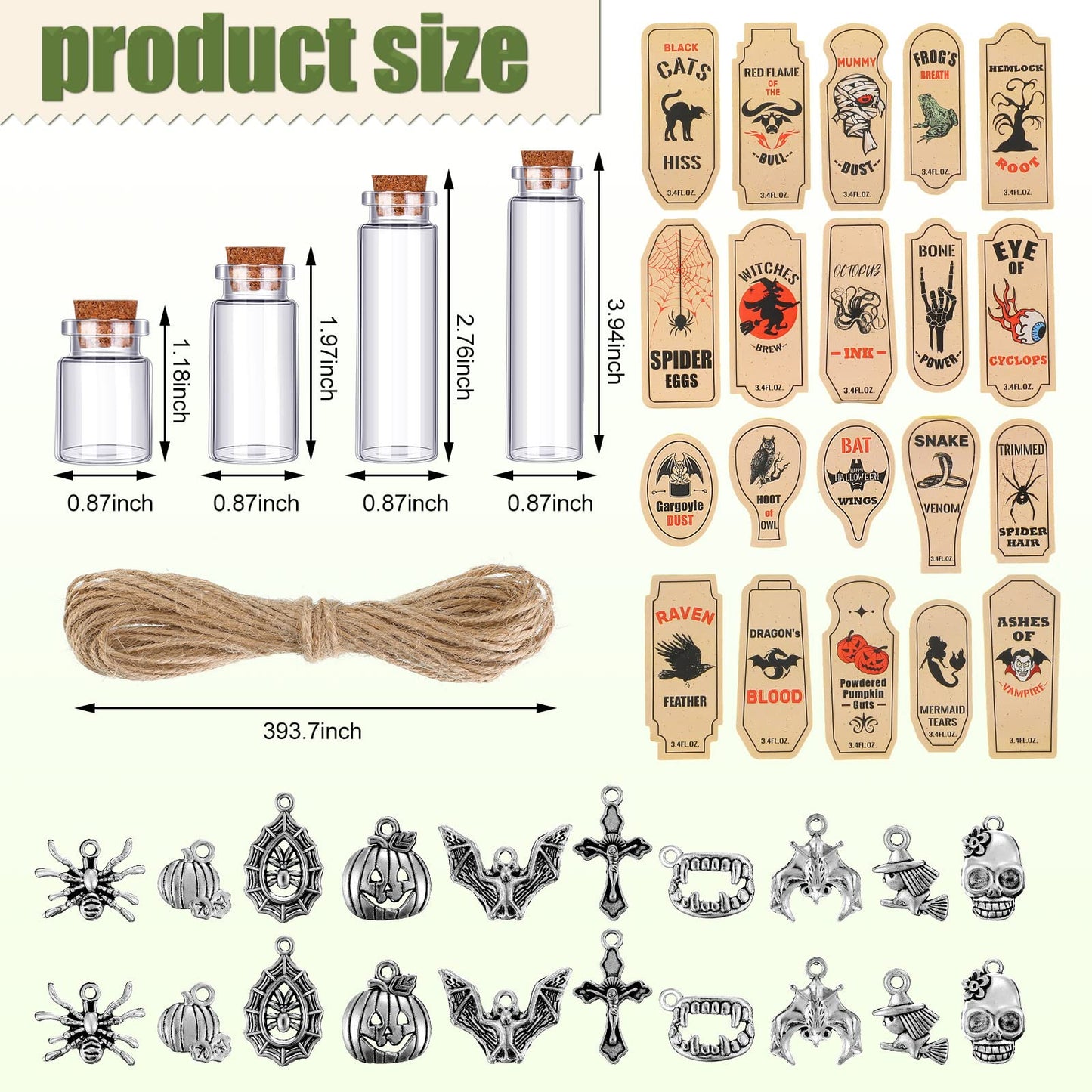 53 Pcs Halloween Mini Potion Bottles Set Including 12 Decorative Glass Bottles with Cork Stoppers 20 Creepy Apothecary Bottle Labels Stickers 20 Charms Pendants 1 String (5/10/15/20 ML,Classic)