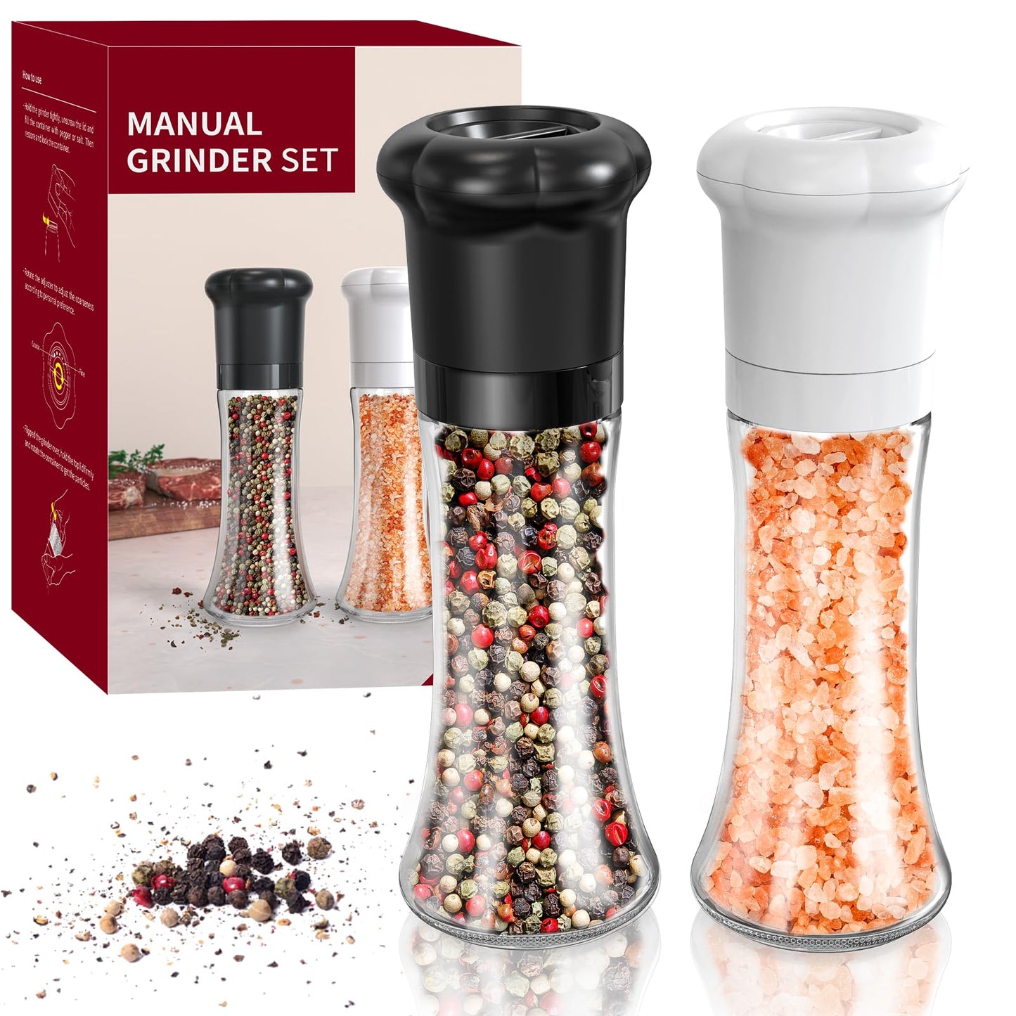 CIRCLE JOY Manual Salt and Pepper Grinder Set For Professional Chef, Refillable Salt and Pepper Shakers with Ceramic Blades, Adjustable Coarseness and BPA-free 180ml Glass Container, Tall Black White