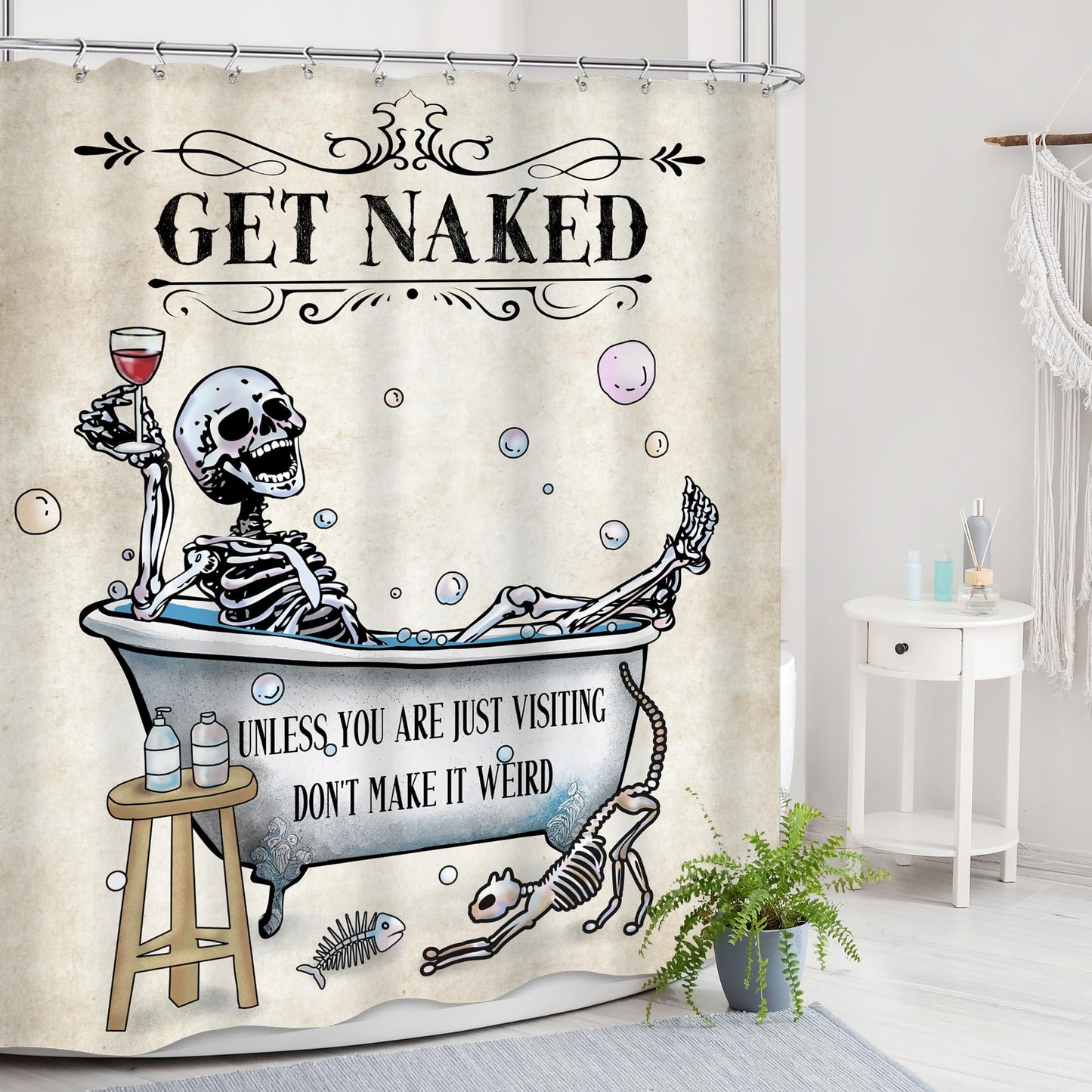 Mitpok Halloween Funny Skull Skeleton Shower Curtain 60Wx72H Gothic Spooky Unique Cool Bone in Bathtub Bubbles Horror Cat Fish Retro Scary Bathroom Decor Bath Curtain Fabric Polyester 12 Pack Hooks